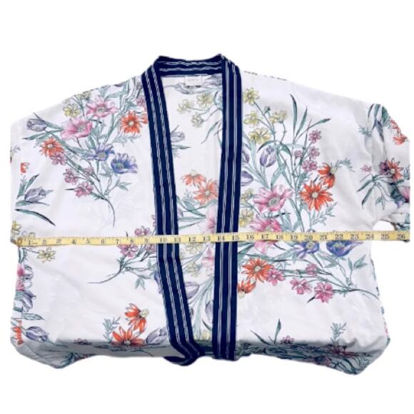 Cupio Floral Kimono Cardigan Top Open Front Boho Striped Navy Trim Size L - Picture 5 of 9